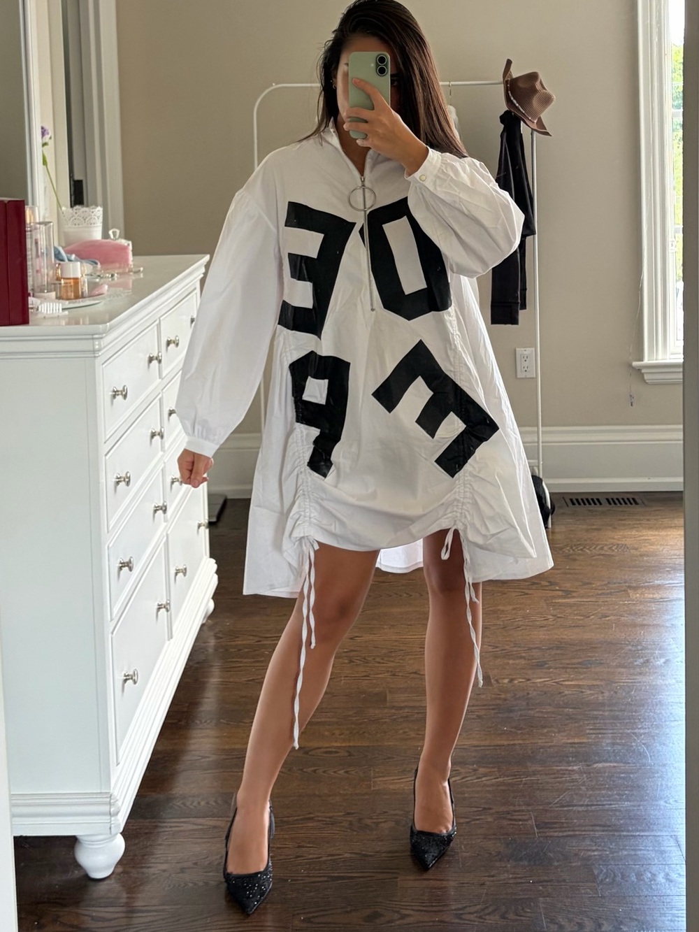 Oversized White Shirt Dress with Bold Black Lettering